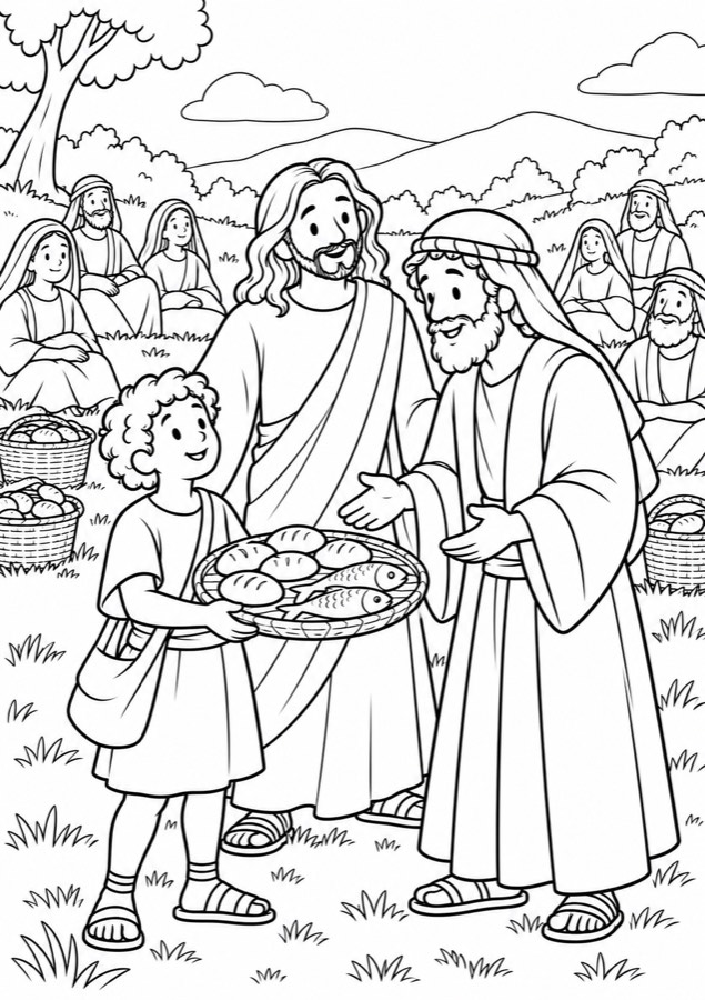 Desenho real para colorir da história dos pães e peixes